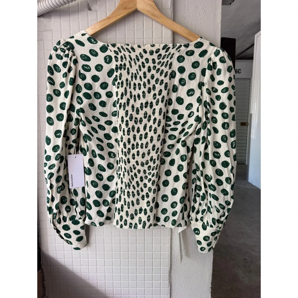 Reformation Calla Blouse in Tapioca Blouse 10 Ivory Green Polka Dot Puff Sleeve